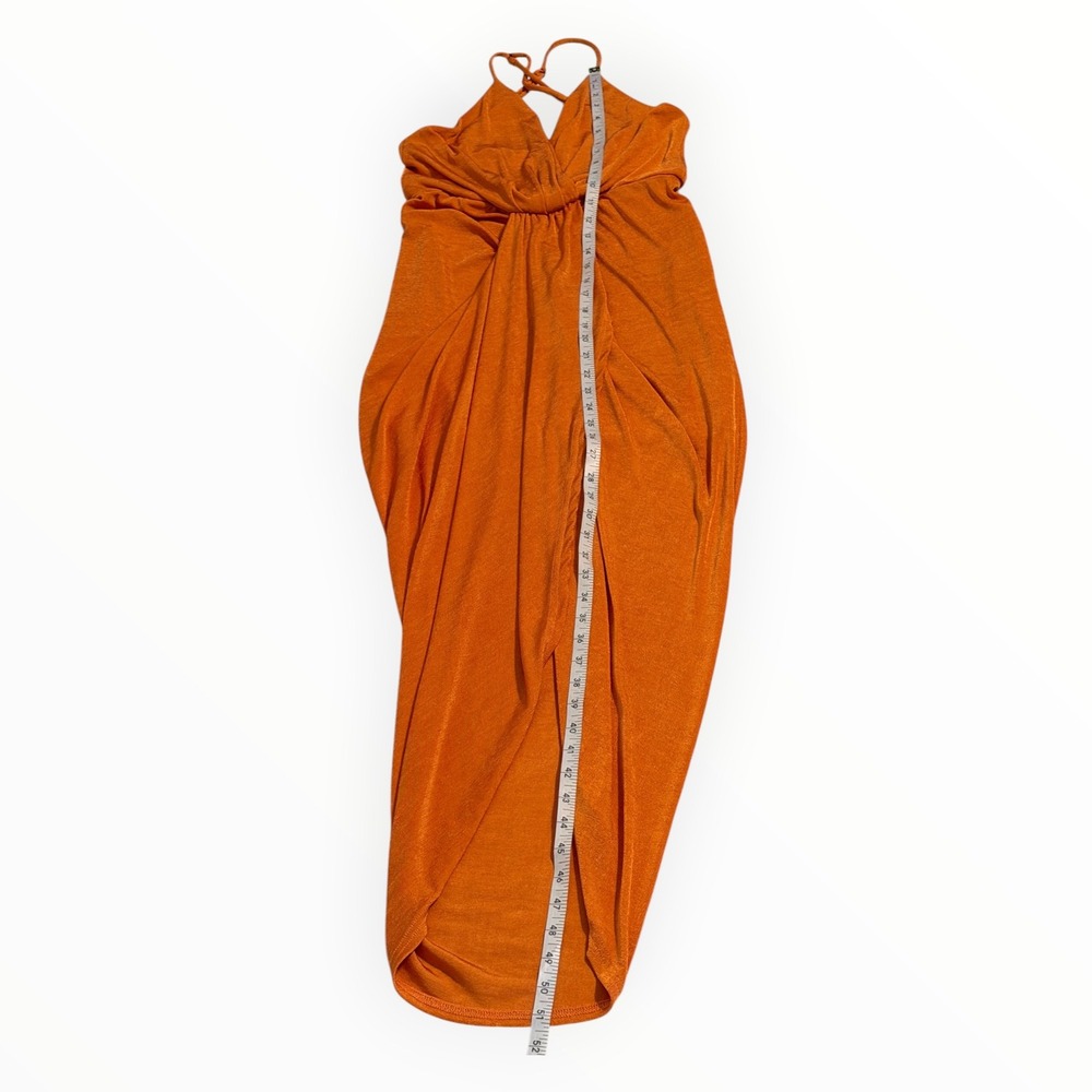 Lulus Dreamy Date Orange Surplice Midi Dress M Ruched Plunge Wedding Resort - Picture 6 of 15